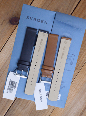 适配SKAGEN诗格恩表带18MM黑色小牛皮真皮手表链柔软薄平直14mm女