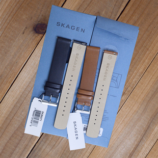 适配SKAGEN诗格恩表带18MM黑色小牛皮真皮手表链柔软薄平直14mm女