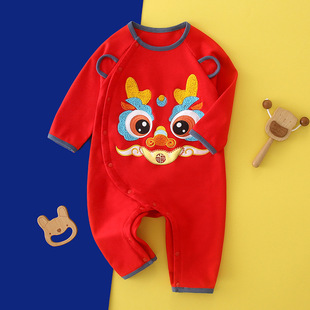龙年满月百天周岁衣服纯棉春秋长袖连体衣哈衣国潮刺绣爬服5376