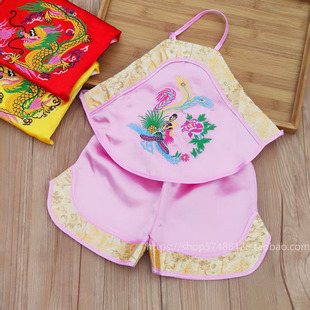 女宝宝肚兜短裤套装粉色刺绣凤凰福字婴儿五毒肚兜百岁周岁儿童装