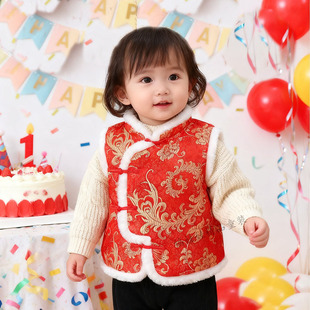 宝宝马甲秋冬款加绒婴儿棉背心外出婴幼儿童坎肩女男童唐装黄马褂