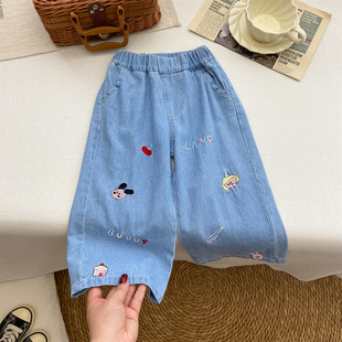 女童裤子夏薄款2025新款宝宝韩版洋气牛仔裤精致刺绣九分裤直筒裤