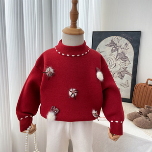 女童毛衣冬季2025新款加厚宝宝圆领针织衫红色加绒毛球保暖内搭