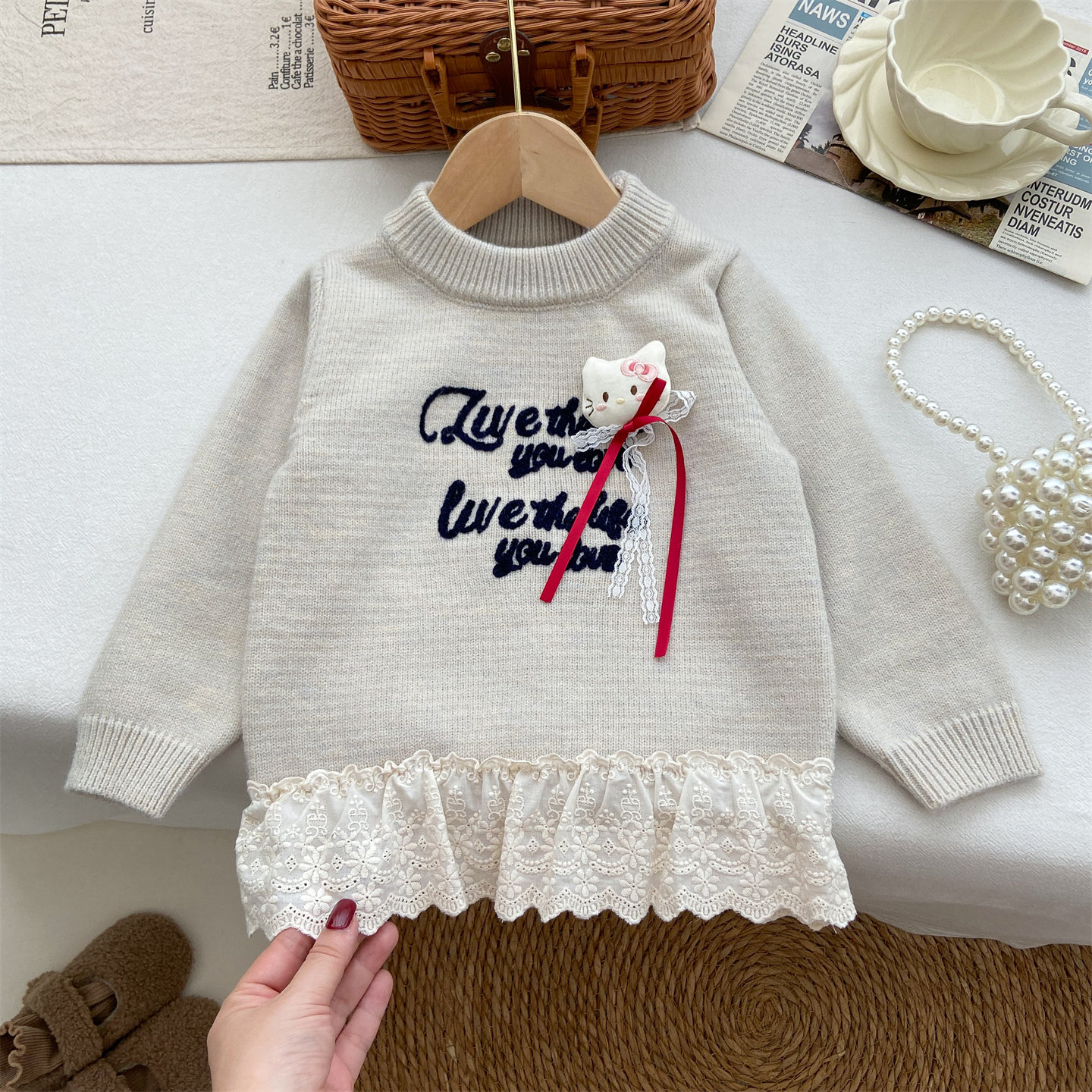 女童毛衣洋气时髦秋冬季宝宝韩系外穿时髦蕾丝花边针织衫圆领上衣