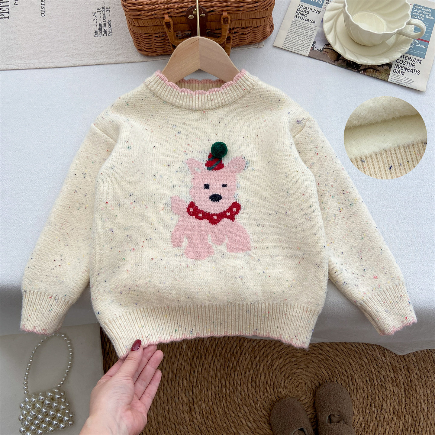 女童毛衣冬季2025新款洋气加绒圆领针织衫外穿小狗加厚保暖打底衫