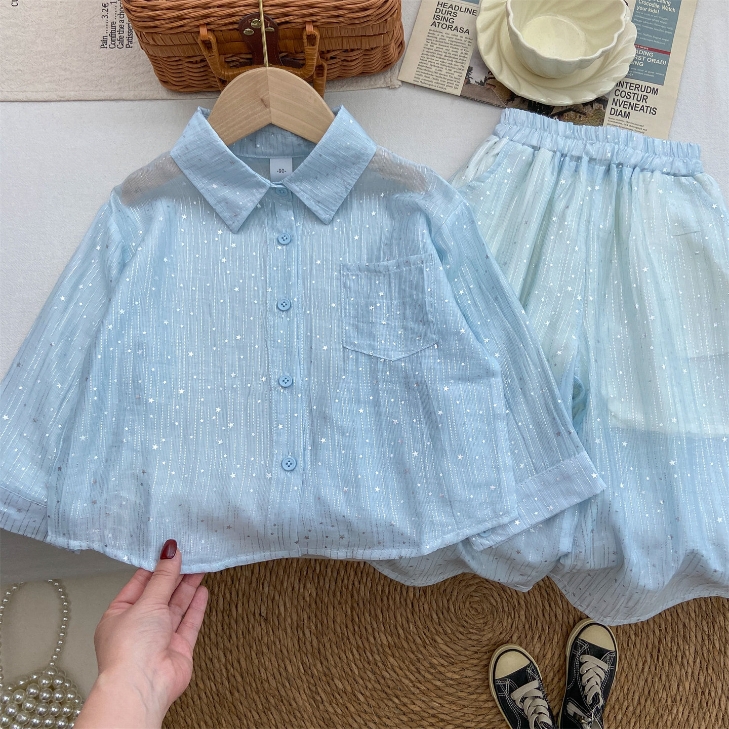 女童2026新款夏套装韩系洋气夏季时髦薄款亮闪长袖衬衫防晒衣长裤