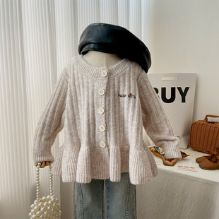 女童毛衣开衫小童秋冬季洋气圆领针织衫时尚宽松中长款上衣木耳边