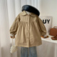 卡其色上衣单排扣翻领蕾丝边风衣 洋气中长款 女童春装 外套宝宝韩版