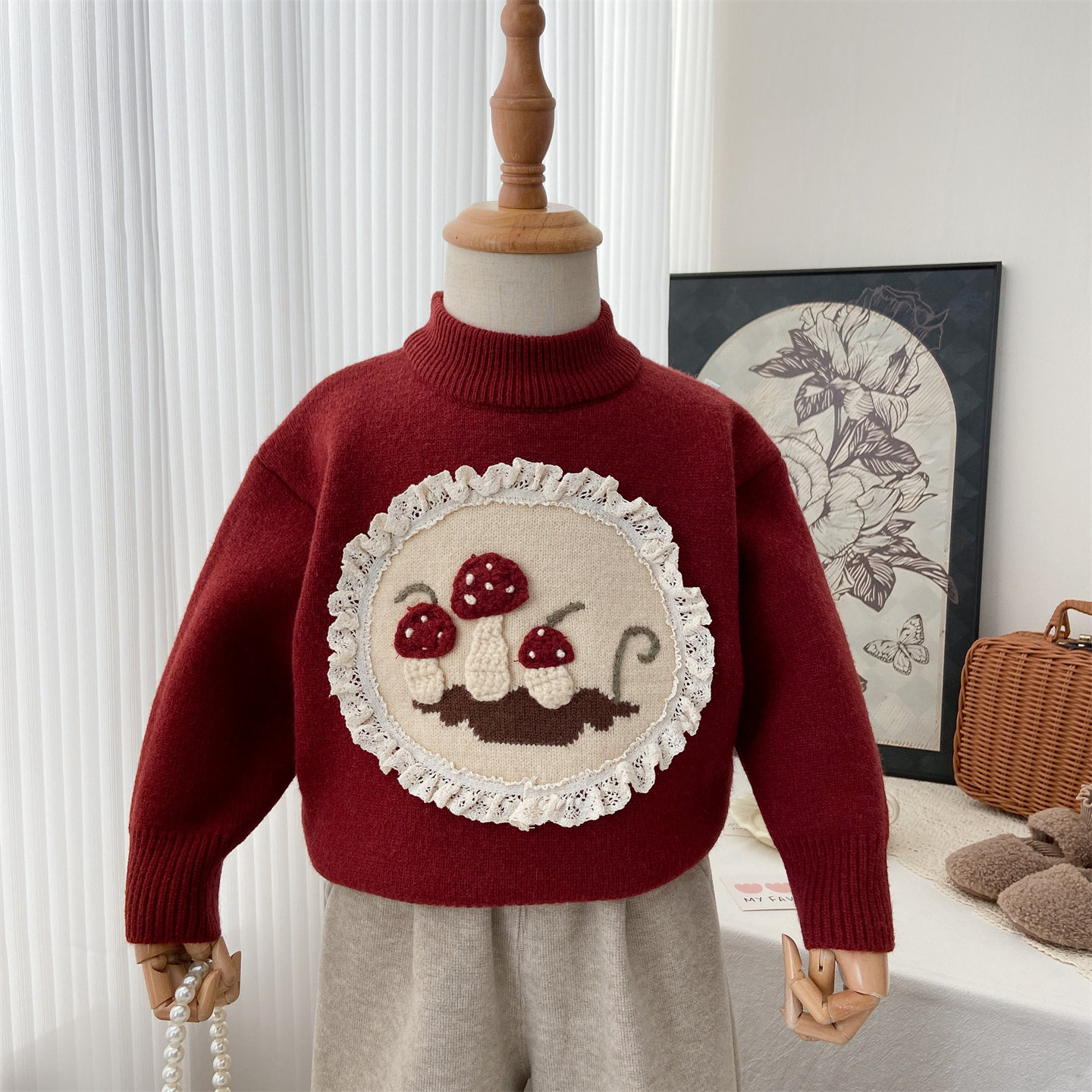 女童毛衣冬季2025新款洋气红色圆领针织衫加厚加绒花边保暖打底衫