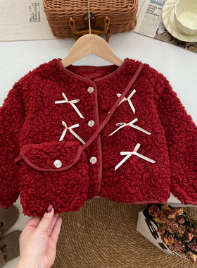 女童外套2025新款冬加厚加绒气质小香风蝴蝶结红色仿羊羔绒上衣潮