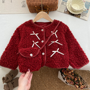 女童外套2025新款冬加厚加绒气质小香风蝴蝶结红色仿羊羔绒上衣潮