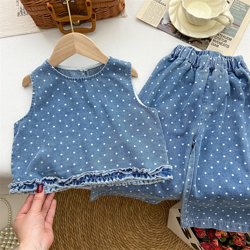 女童套装夏季2026新款薄款宝宝波点软牛仔背心洋气牛仔裤阔腿裤潮