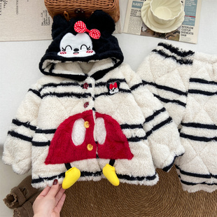 儿童家居服冬季加厚可外穿女童加绒连帽分体两件套宝宝珊瑚绒睡衣