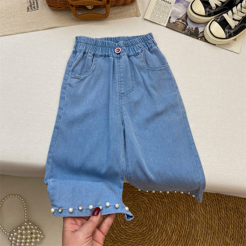 女童裤子2025新款夏季薄款天丝软牛仔裤凉快精致钉钻阔腿裤直筒裤