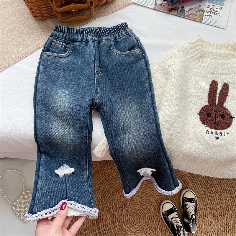 加厚羊羔绒弹力牛仔喇叭裤保暖