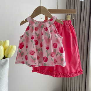 女童夏季套装2025新款宝宝薄款碎花挂脖外穿蝴蝶结背心八分阔腿裤