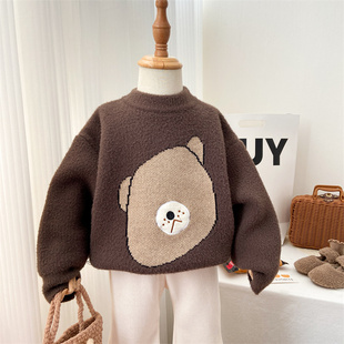 女童毛衣冬季加厚保暖上衣韩系仿水貂绒圆领针织衫冬季小熊内搭潮
