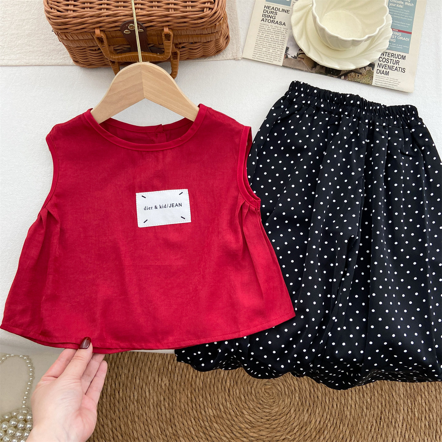 女童夏装套装宝宝夏季薄款红色外穿背心圆点雪纺长裤时尚两件套潮