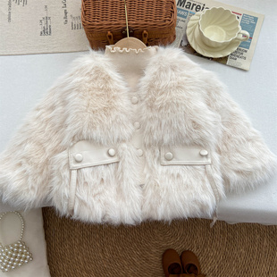 女童外套冬季加厚夹棉上衣韩系洋气时髦V领米白色仿皮草毛毛衣潮