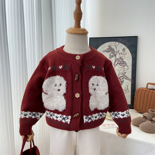 女童毛衣开衫2025新款女宝宝冬季洋气小狗红色上衣圆领针织衫外套