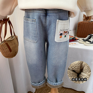 女童加绒牛仔裤宝宝冬季洋气加厚羊驼绒裤子羊羔绒休闲宽松长裤潮