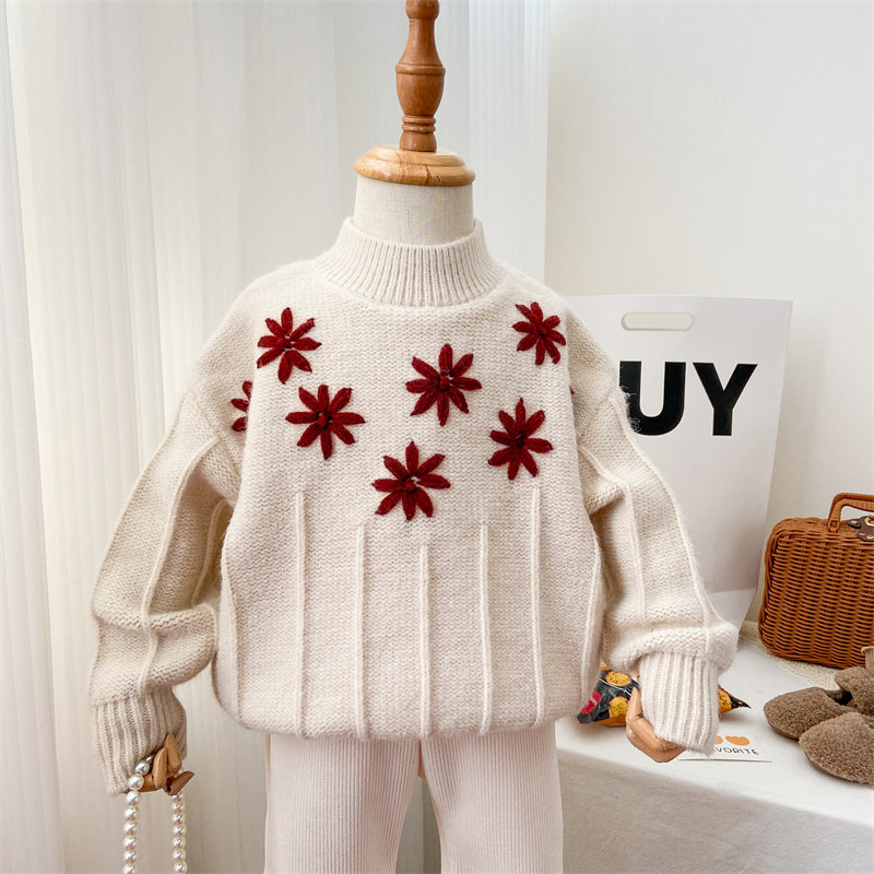 女童毛衣秋冬2025新款柔软洋气半高领针织衫加厚米白色红色内搭