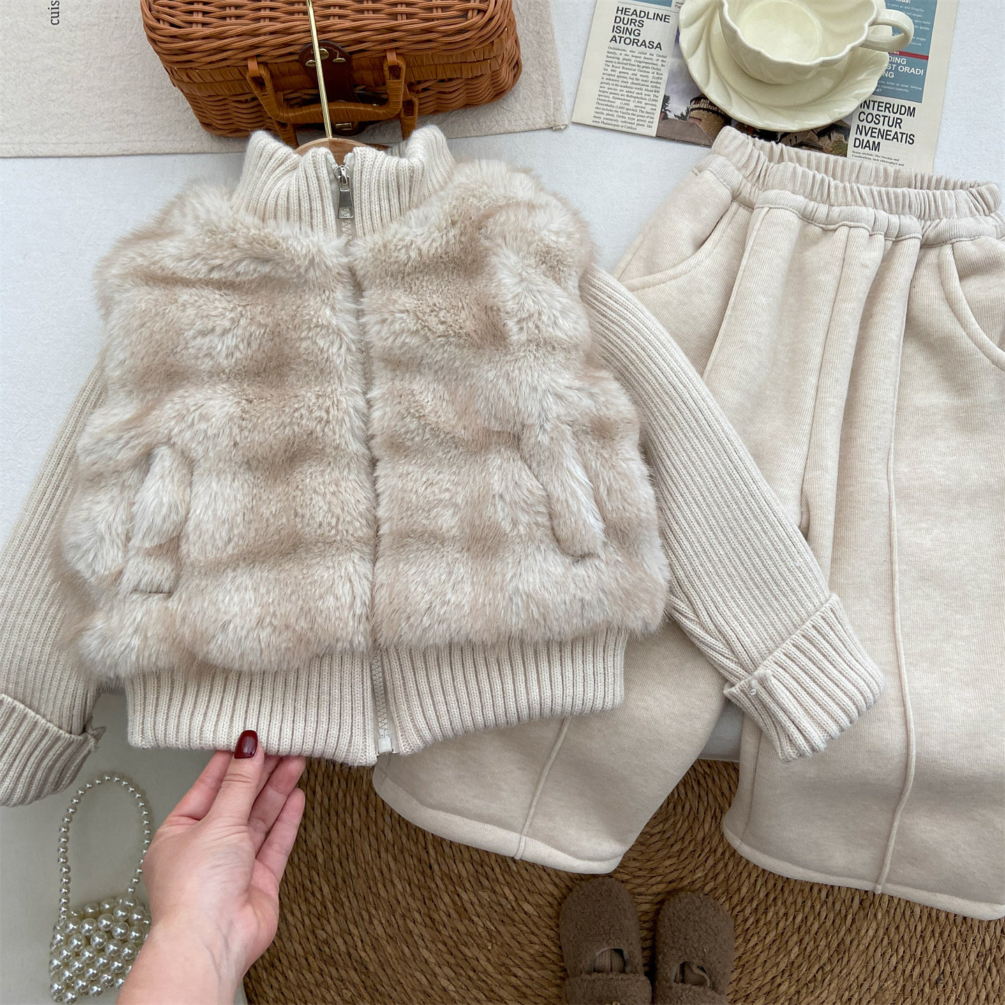 女童冬装2025新款洋气时髦套装加厚加绒仿皮草毛毛衣外套直筒裤潮,童装/婴儿装/亲子装,套装,淘宝优惠券,粉丝福利购,淘宝优惠卷