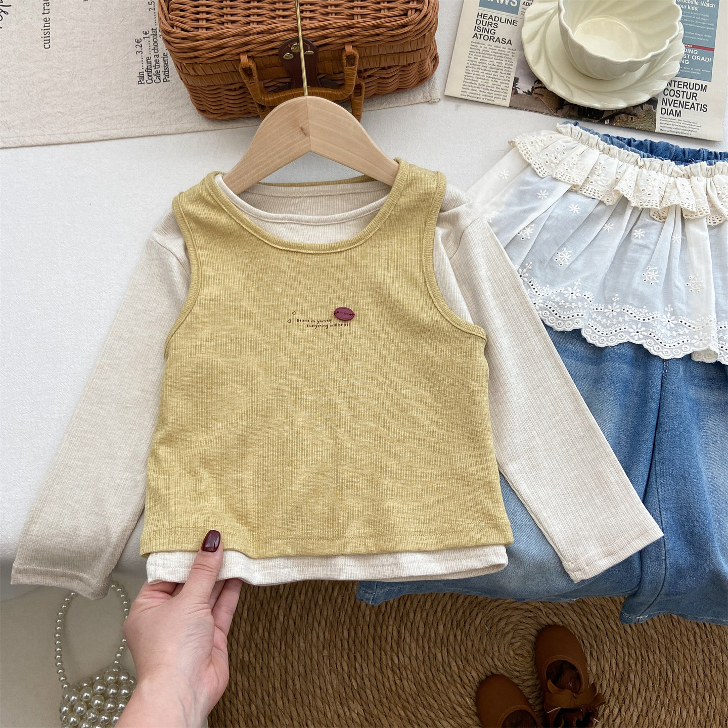 女童春装上衣2026新款韩系洋气时尚弹力长袖t恤黄色背心两件套潮