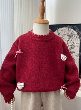 女童红色毛衣2025新款冬季加绒毛线衣圆领加厚新年衣服爱心上衣潮