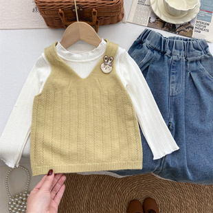 女童春装2026新款洋气时髦套装韩系春秋针织背心花边牛仔裤直筒裤