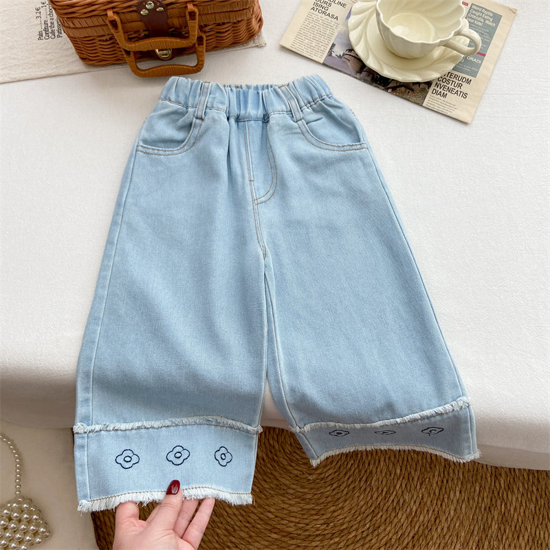 女童牛仔裤春季直筒裤洋气时髦精致刺绣小花阔腿裤长裤浅蓝色裤子