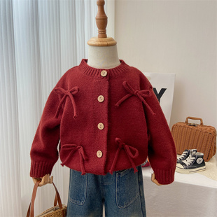 女童毛衣开衫外套韩系春秋柔软针织衫洋气红色毛线衣外穿圆领上衣