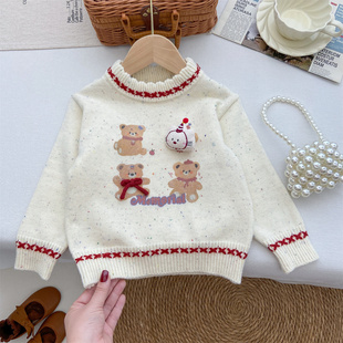 女童毛衣洋气时髦秋冬季宝宝韩版圆领针织衫外穿时尚小熊保暖内搭