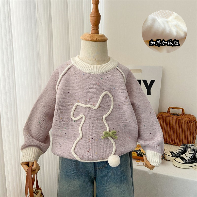 女童毛衣冬季2025新款加厚宝宝圆领针织衫外穿紫色加绒保暖内搭