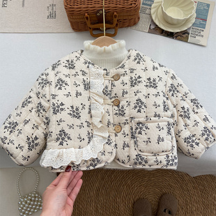 女童冬装2025新款洋气时髦棉麻碎花外套短款圆领棉袄花边棉服棉衣
