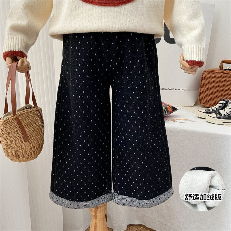 女童裤子秋冬款2025新款冬季加绒圆点黑色牛仔裤直筒裤一体绒长裤