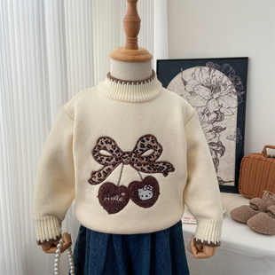 女童毛衣2025新款宝宝冬季加厚加绒圆领针织衫樱桃小猫红色毛线衣