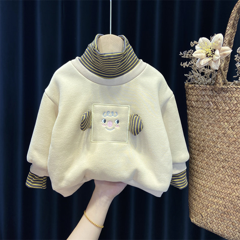 女童加绒卫衣童装小童秋冬季加厚高领上衣1岁23456宝宝洋气假两件