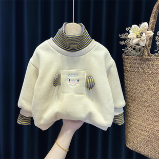 女童加绒卫衣童装小童秋冬季加厚高领上衣1岁23456宝宝洋气假两件