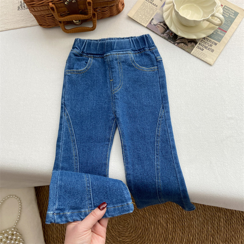 女童牛仔裤春季喇叭裤宝宝韩系洋气时髦长裤春秋款深蓝色修身裤子