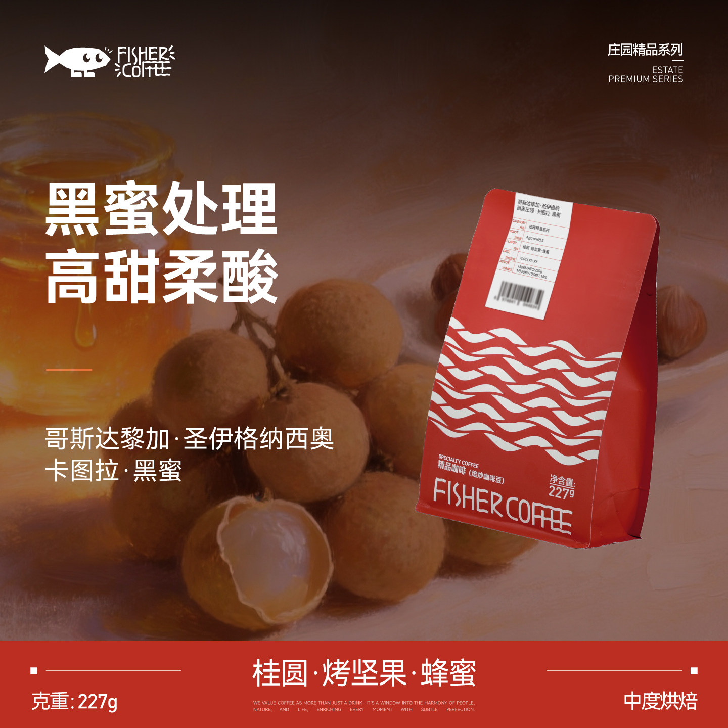 FISHER啡舍 哥斯达黎加卡图拉黑色蜜处理手冲咖啡豆中度烘焙 227g