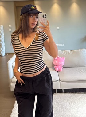 不闷！高弹！天丝V领百搭高腰条纹T恤显瘦短袖上衣女