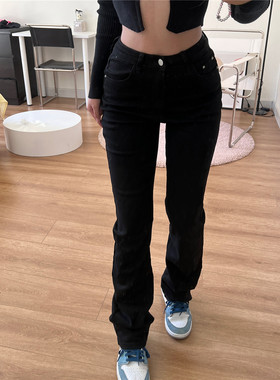 超高腰 弹力 包臀包腰直筒微喇长裤黑色浅蓝色牛仔裤 拖地牛仔裤