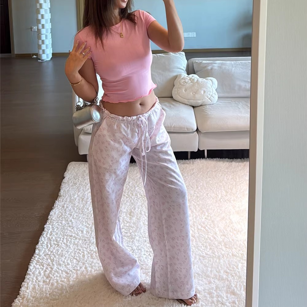 法式碎花抽绳休闲直筒低腰长裤