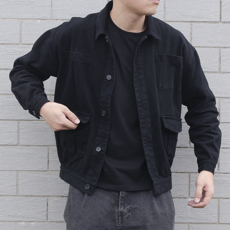 春秋季外套男潮日系复古纯棉黑色