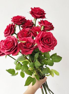 仿真卷边玫瑰 美式家居 红色 样板间仿真花 花艺 插花保湿高品质