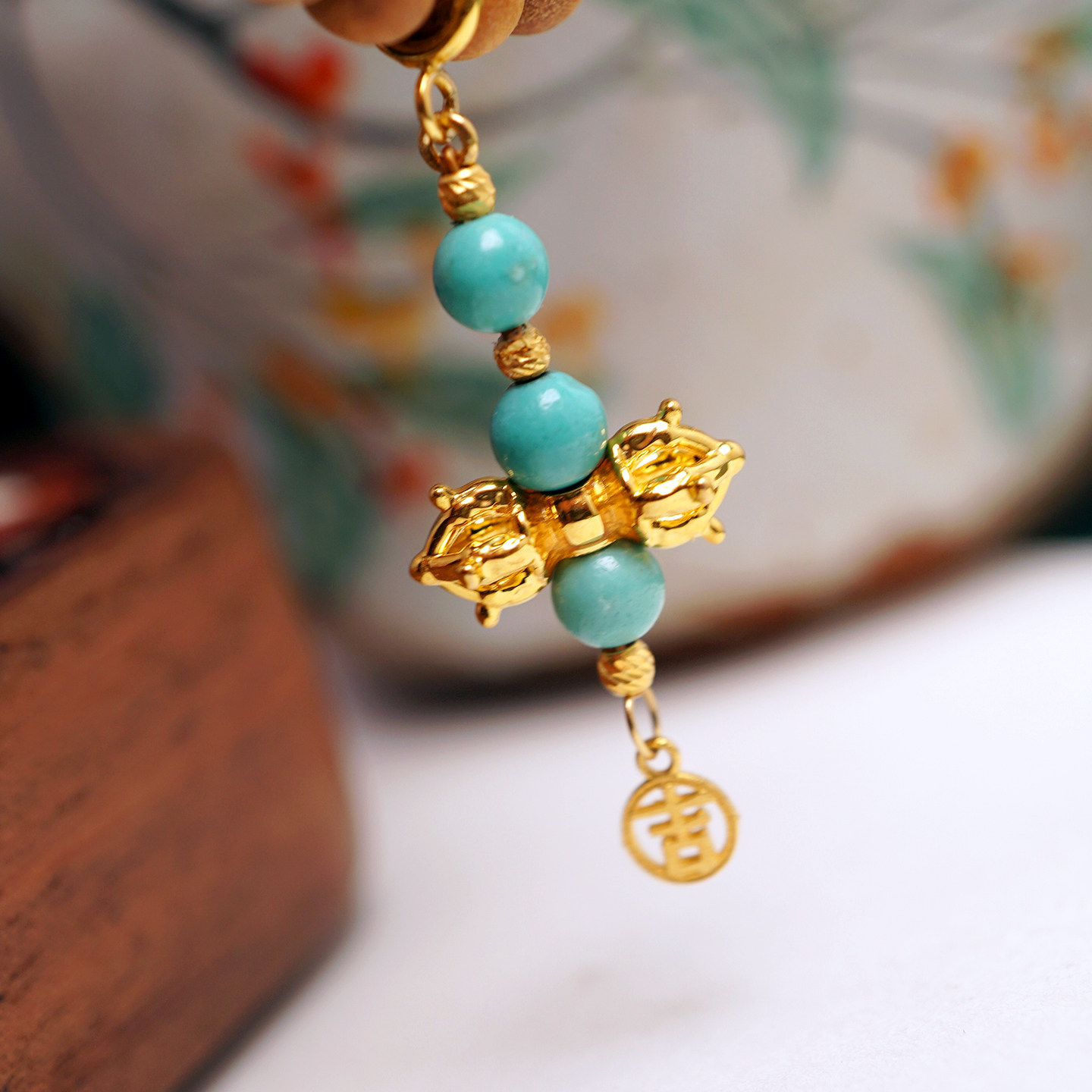 18K金镶嵌天然绿松金刚杵吊坠配饰可挂手链项链百搭简约国风配件