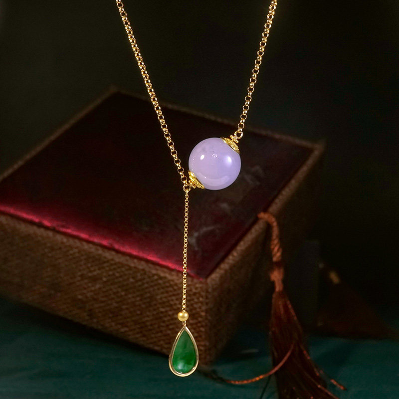 天然紫珠翡翠项链辣色翡翠水滴点缀18K金古法金镶嵌路路通吊坠