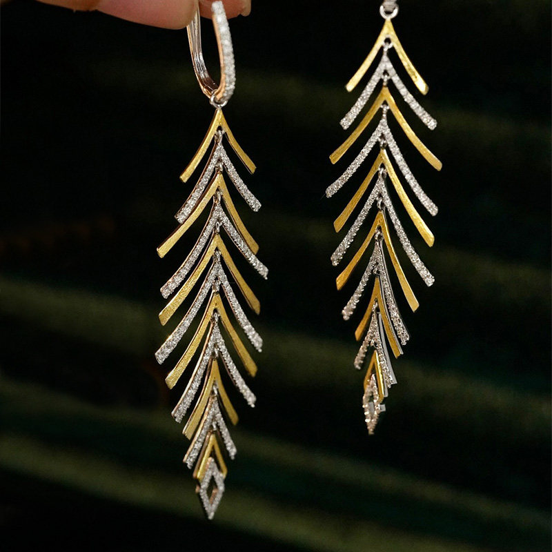 18k白金黄金天然钻石流苏耳坠女立体金色叶片钻石耳坠唯美拉丝工