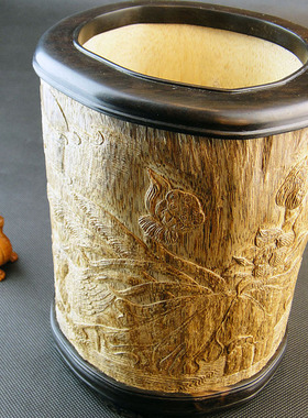 印尼沉香木工艺品笔筒摆件 精细薄雕旭日白鹭雕件 艺术品文玩精品